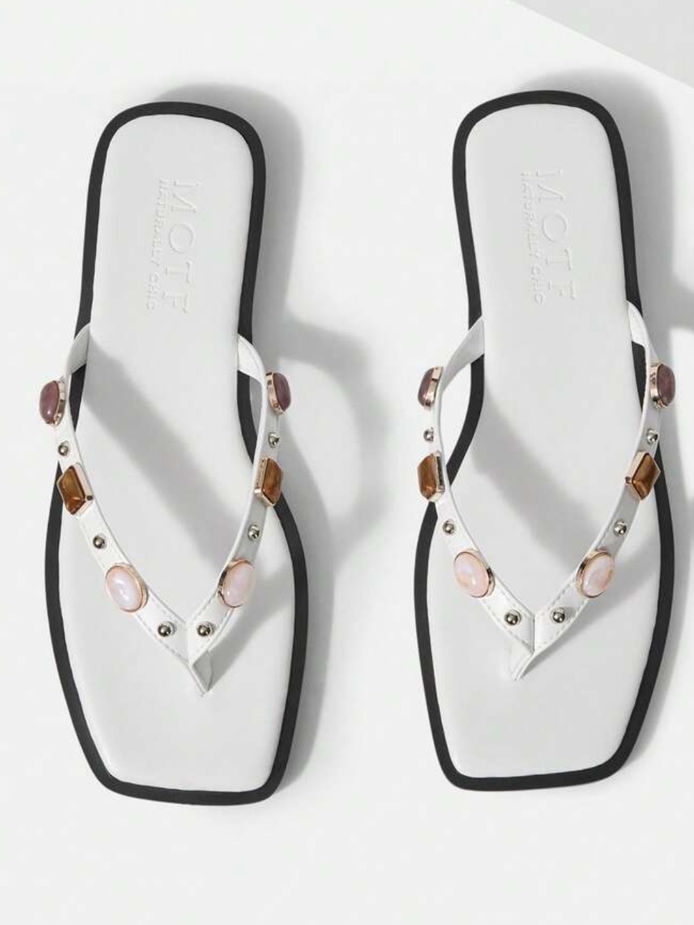 White Jeweled V-Strap Flip Flops